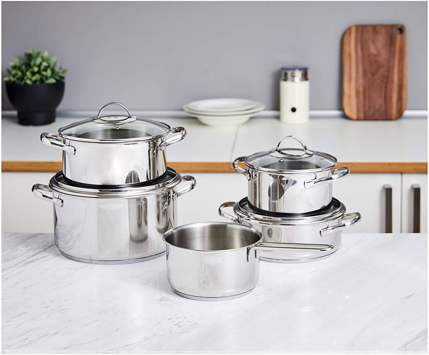 Basics 9-Piece Stainless Steel Induction Cookware Set - Pot with Lids, Saucepan and Casserole