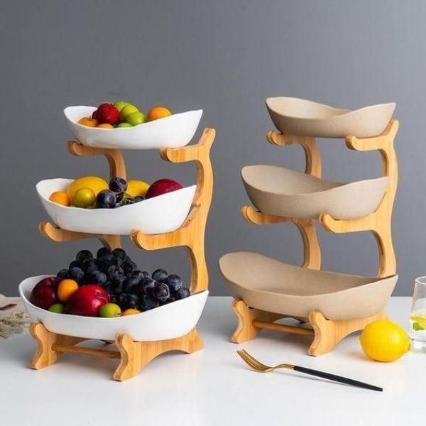 Rustic Tier Plate Stand With Porcelain Plates set of 2