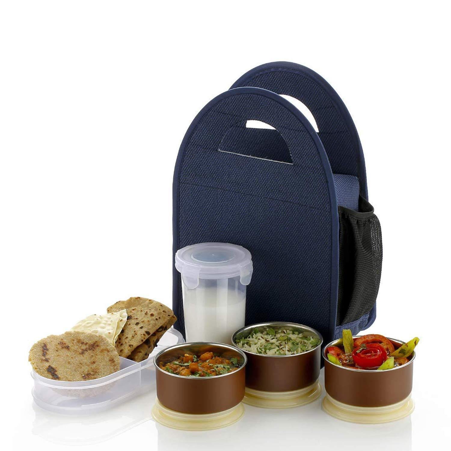 Box with Bag - Blue, Steel Range, Microwave Safe & Leak Proof, 3 Air-Tight Containers with Bag, Keep Food Hot, School, College & Office...