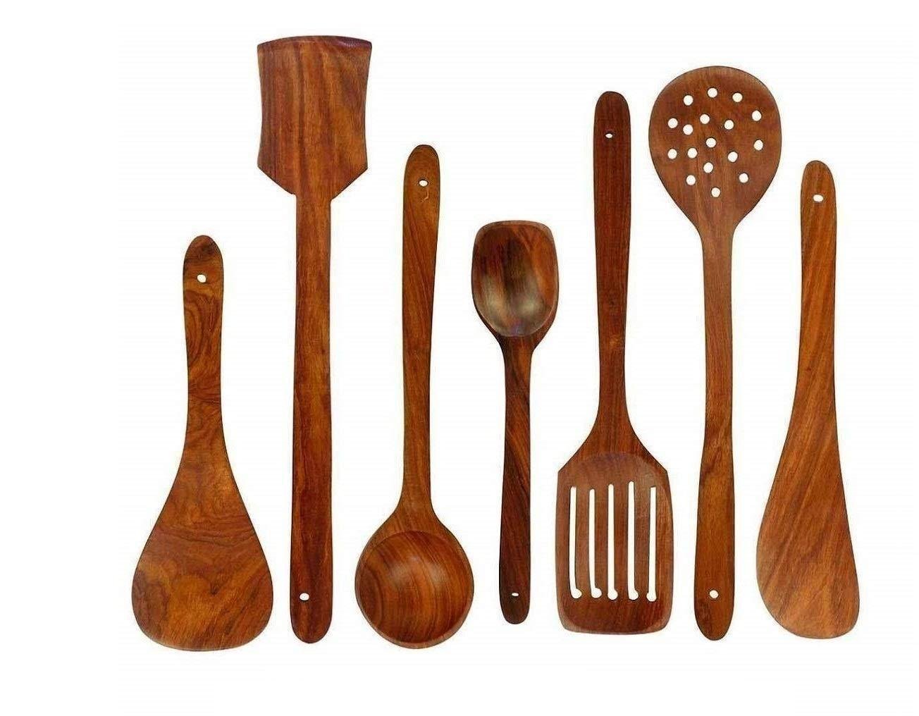 Wooden Serving and Cooking Spoons Set Kitchendesigner Organizer Items Kitchen Accessories Items (Set of 7, Sheesham)