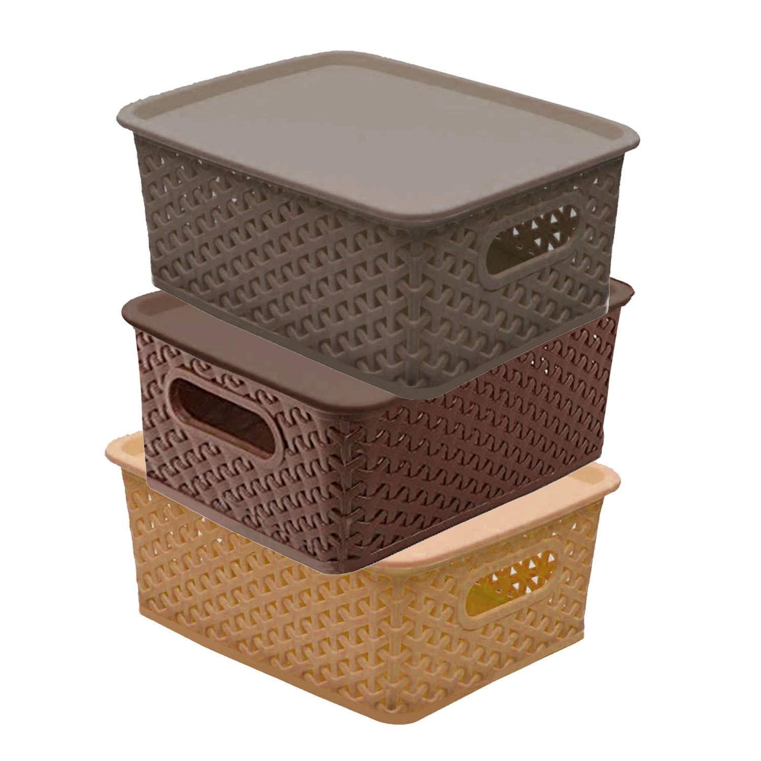 Kitchendesigner Plastic 3 Pieces Small Size Multipurpose Solitaire Storage Basket with Lid