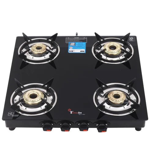 Glass 4 Burner Gas Stove With Premium Gas Saver Brass Plated Burner | Manual Ignition With 6 mm Toughened Glass Top | LPG Gas Stove | ISI Certified | 1 Yr Warranty