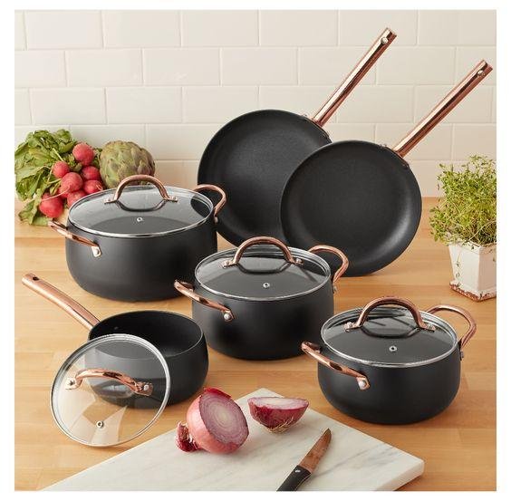 Mainstays 10-Piece Nonstick Cookware Set, Matte Black Rose Gold Handles