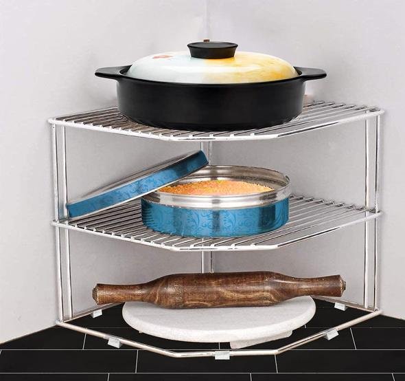 Plantex Stainless Steel Big Size Multipurpose 3-Tier Kitchen Corner Rack/Storage Shelf/Dish Rack/Storage Rack for Kitchen(Chrome Finish)