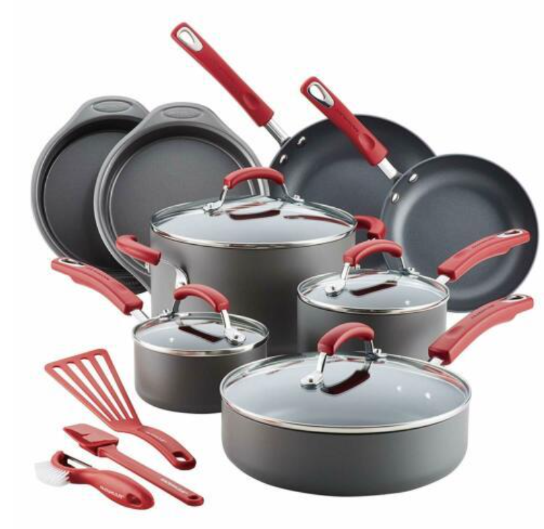 NONSTICK COOKWARE POTS AND PANS SET, 15 PIECE, GRAY WITH RED HANDLES..